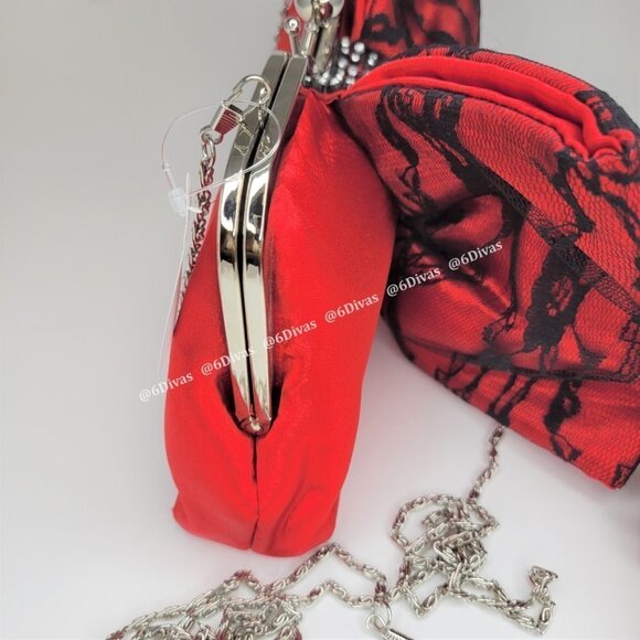 Red Satin Glitter Evening Purse With Large Bow Accent - Picture 7 of 13